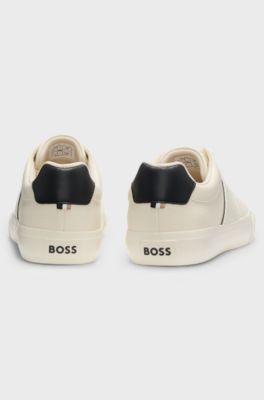 Faux-leather trainers with plain and grained textures, White