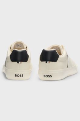 Faux-leather trainers with plain and grained textures, White