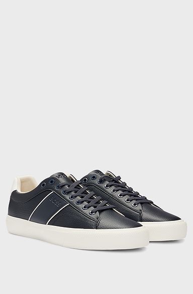Faux-leather trainers with plain and grained textures, Dark Blue