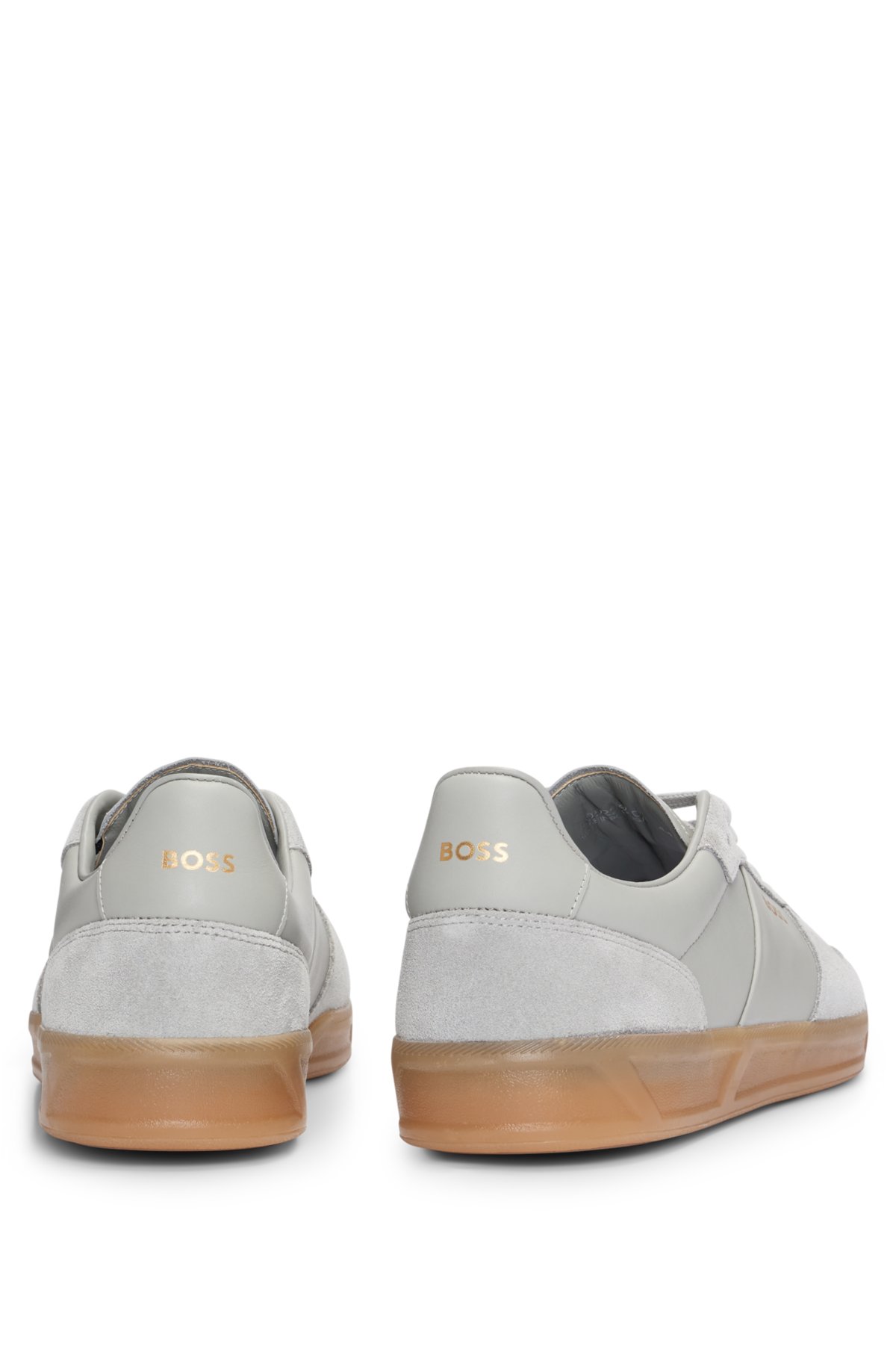 Leather-suede trainers with foil-print branding, Grey