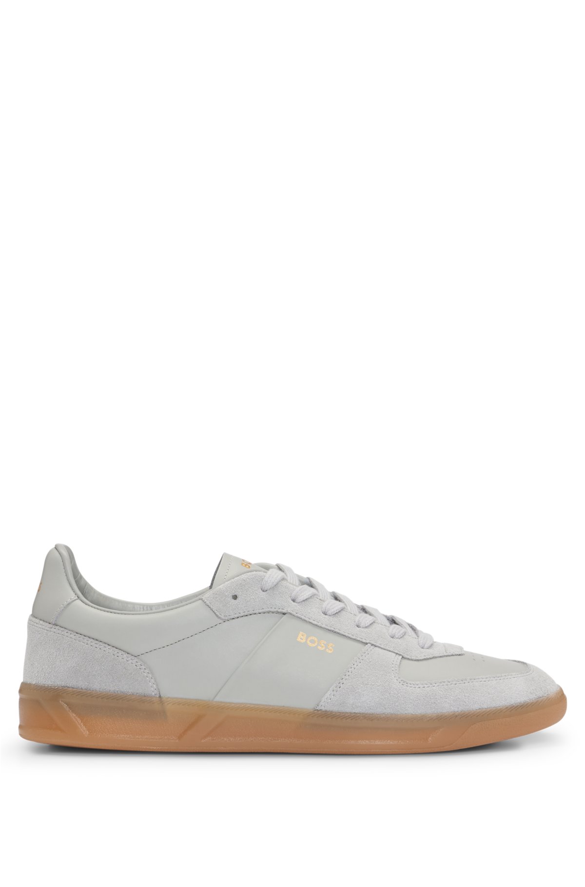 Leather-suede trainers with foil-print branding, Grey