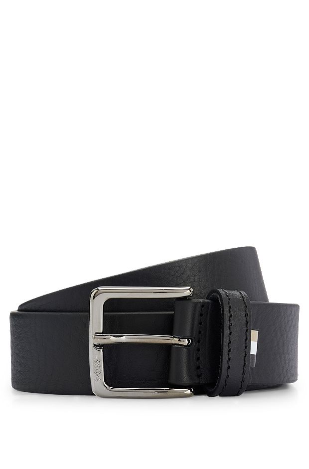 Grained Italian-leather belt with signature-stripe trim, Black