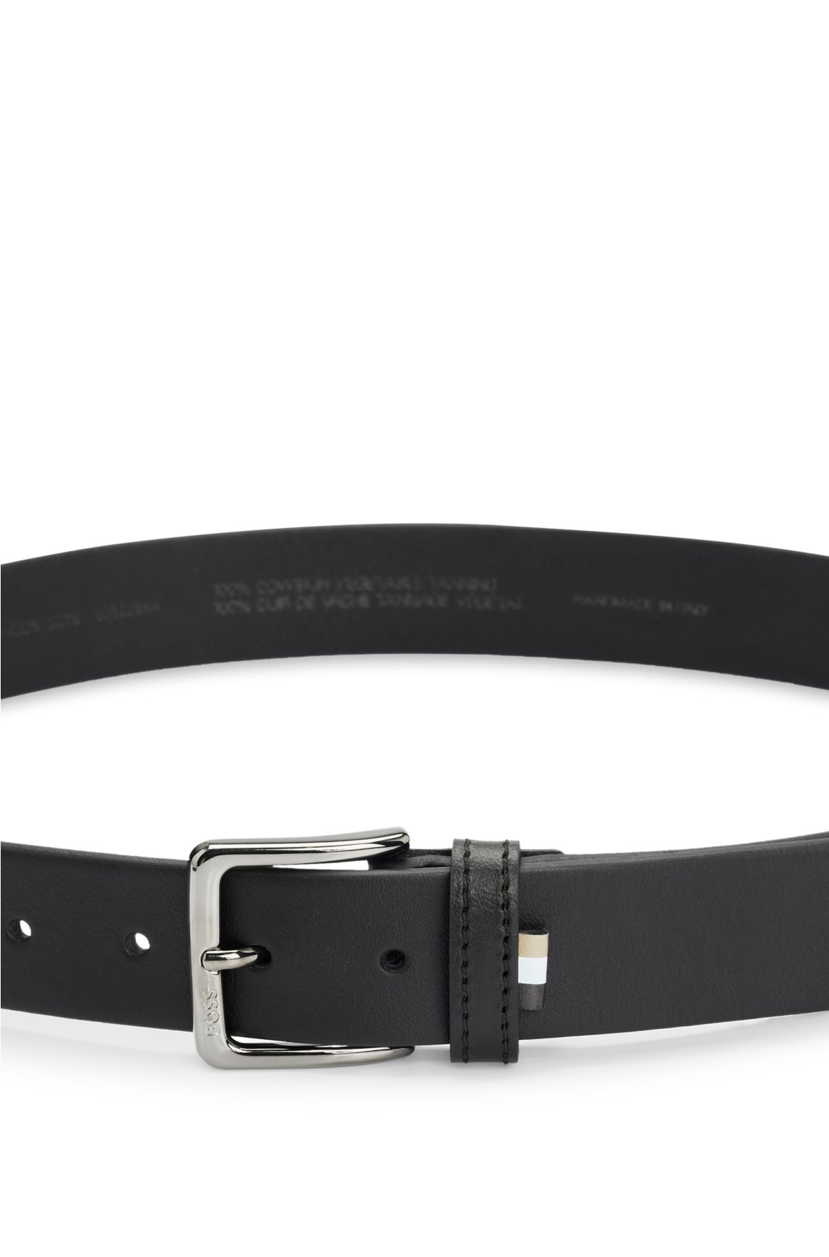 Grained Italian-leather belt with signature-stripe trim, Black