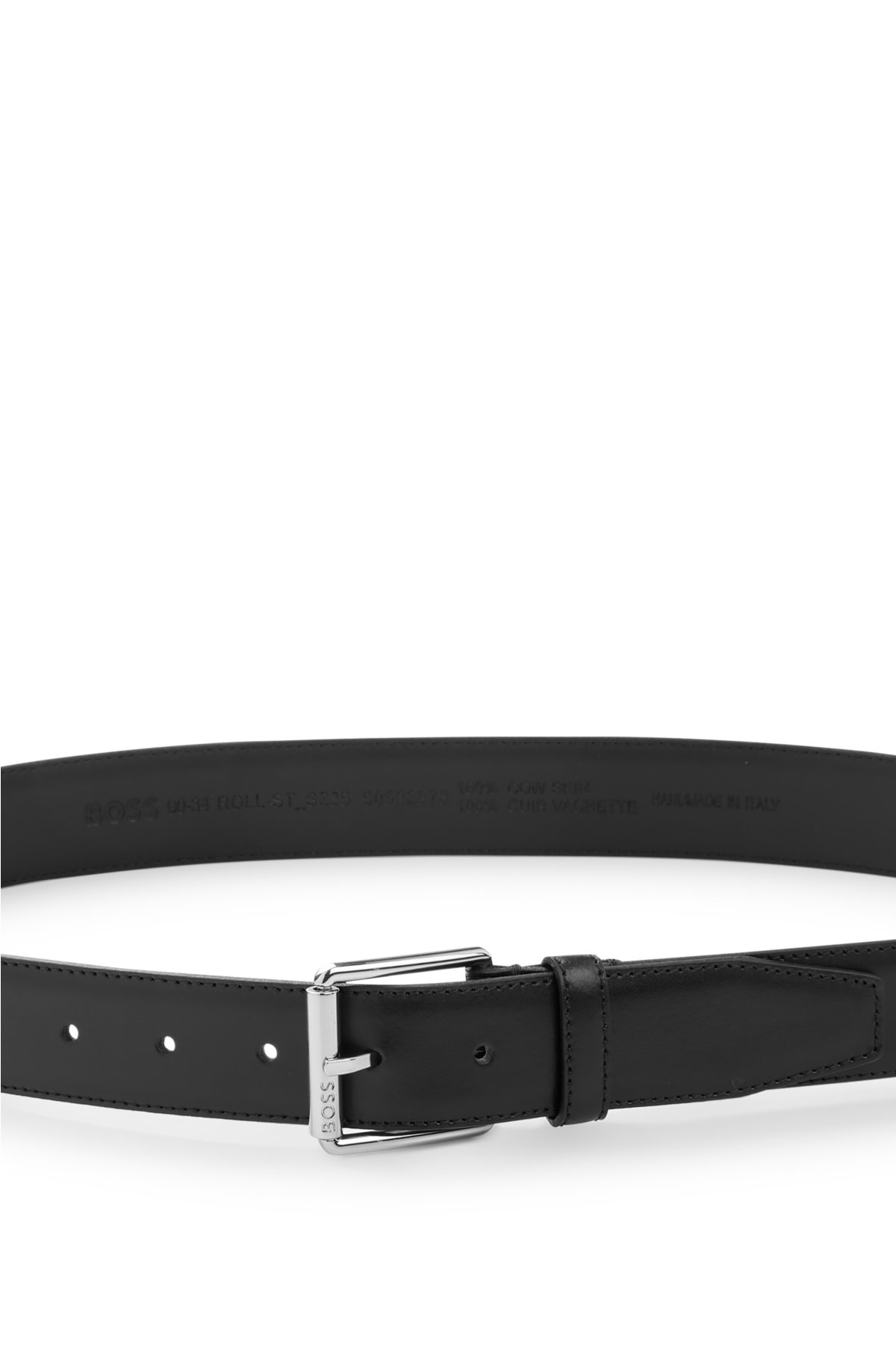 Italian-leather belt with roller buckle, Black