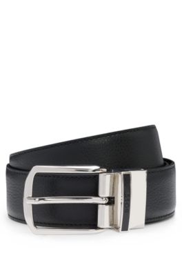 Reversible belt in grained and plain leather, Black