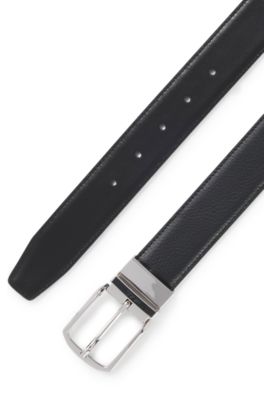 Reversible belt in grained and plain leather, Black