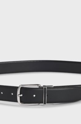Reversible belt in grained and plain leather, Black