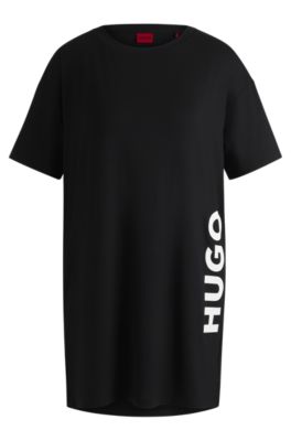 Relaxed-fit nightdress in stretch jersey with logo print, Black