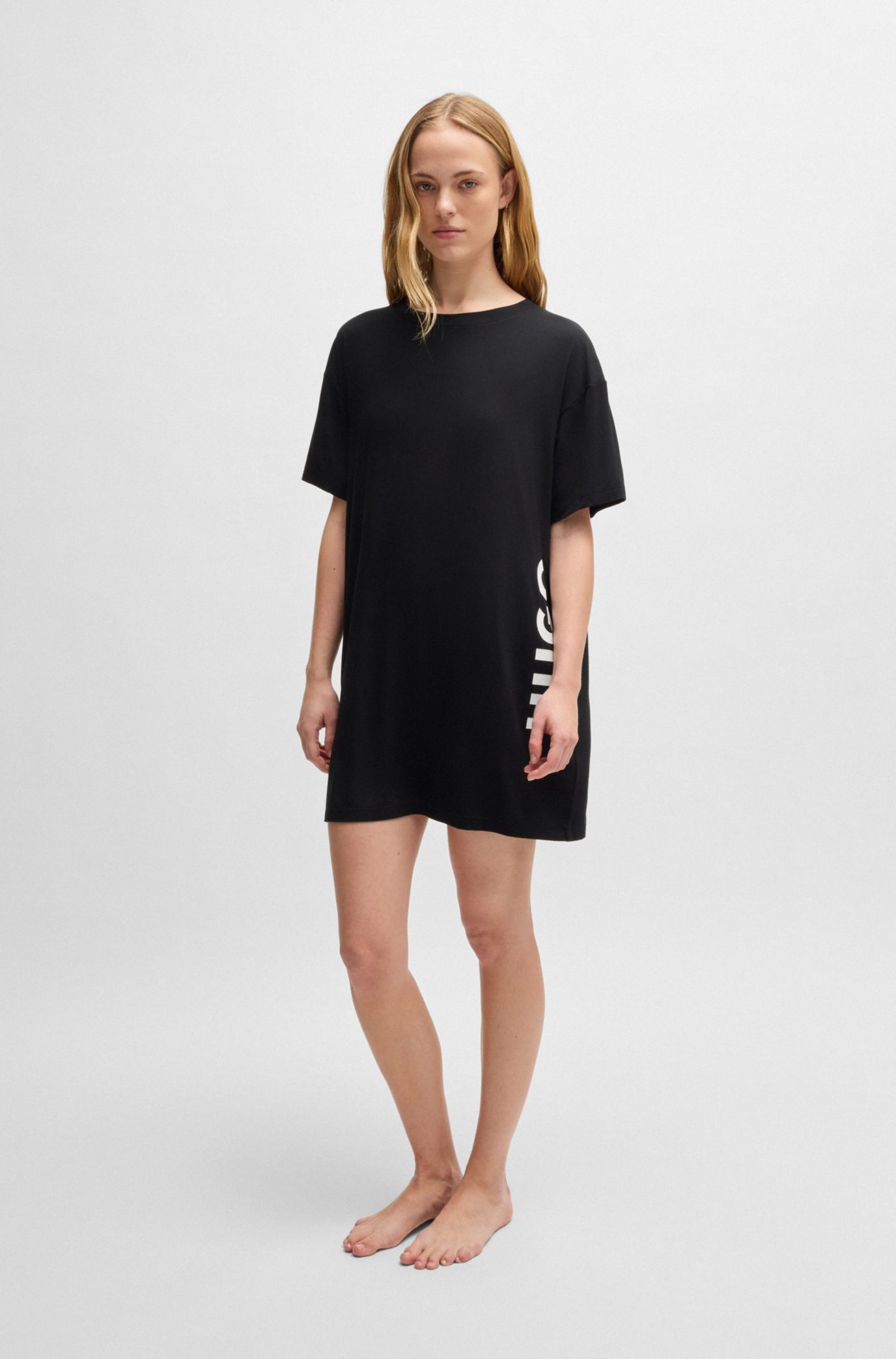 Camisón relaxed fit de punto elástico con logo estampado, Negro