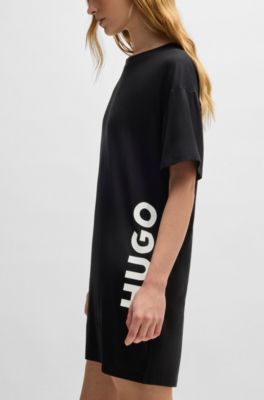 Relaxed-fit nightdress in stretch jersey with logo print, Black