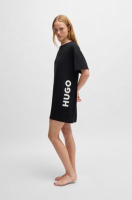 Relaxed-fit nightdress in stretch jersey with logo print, Black