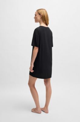 Relaxed-fit nightdress in stretch jersey with logo print, Black