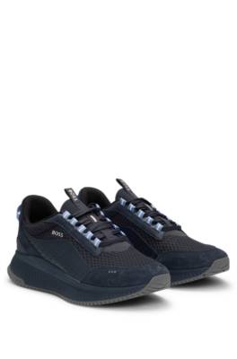 Hugo Boss Ttnm Evo Suede, Leather And Mesh Trainers With Ribbed Sole In Blue
