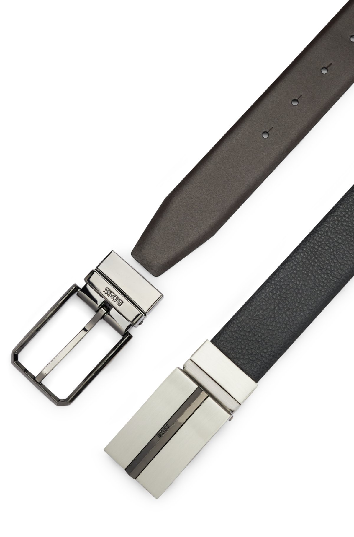 Reversible leather belt with pin and plaque buckles, Black
