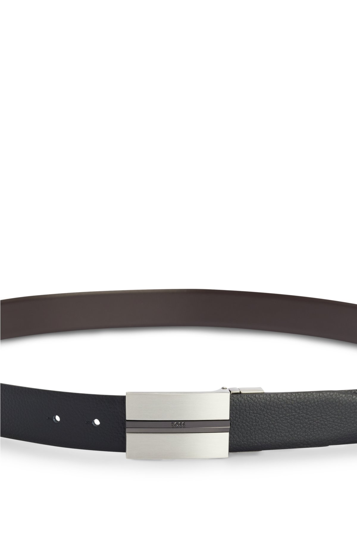 Reversible leather belt with pin and plaque buckles, Black