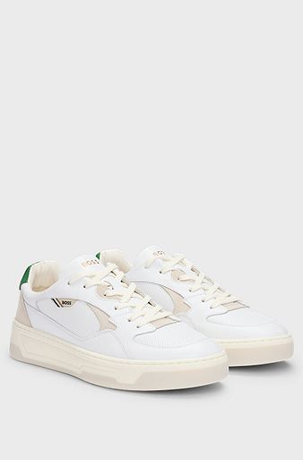 Mixed-leather trainers with layered upper, White