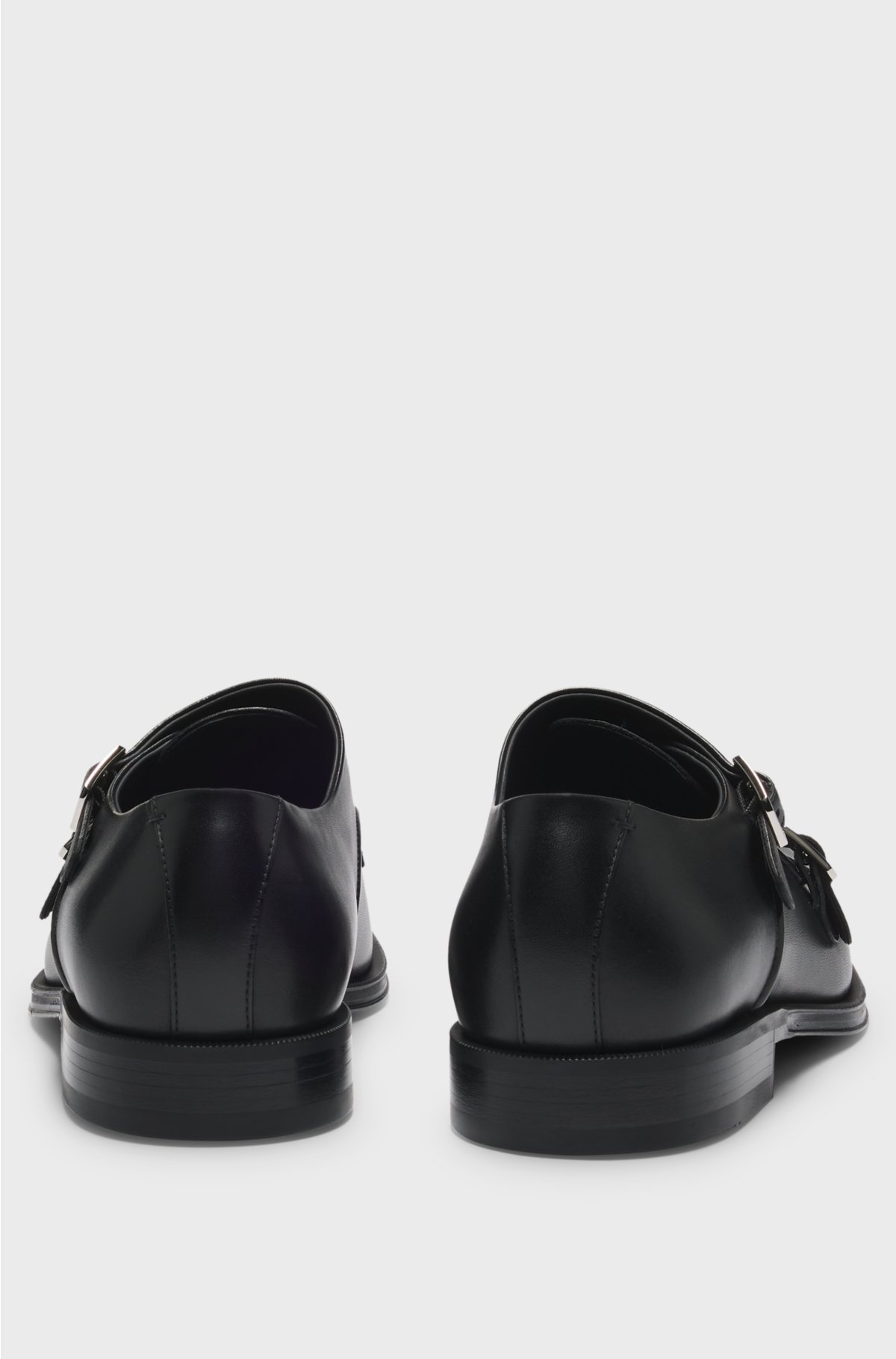 Cap-toe double monk shoes in leather, Black