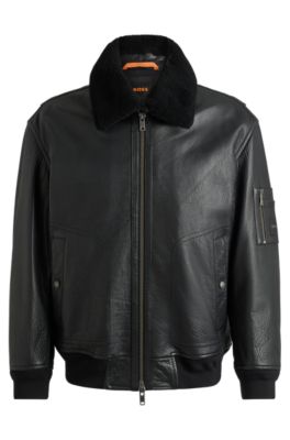 Buffalo-leather regular-fit jacket with shearling collar, Black