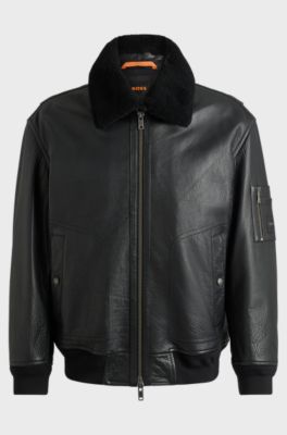 Buffalo-leather regular-fit jacket with shearling collar, Black