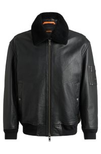 Buffalo-leather regular-fit jacket with shearling collar, Black