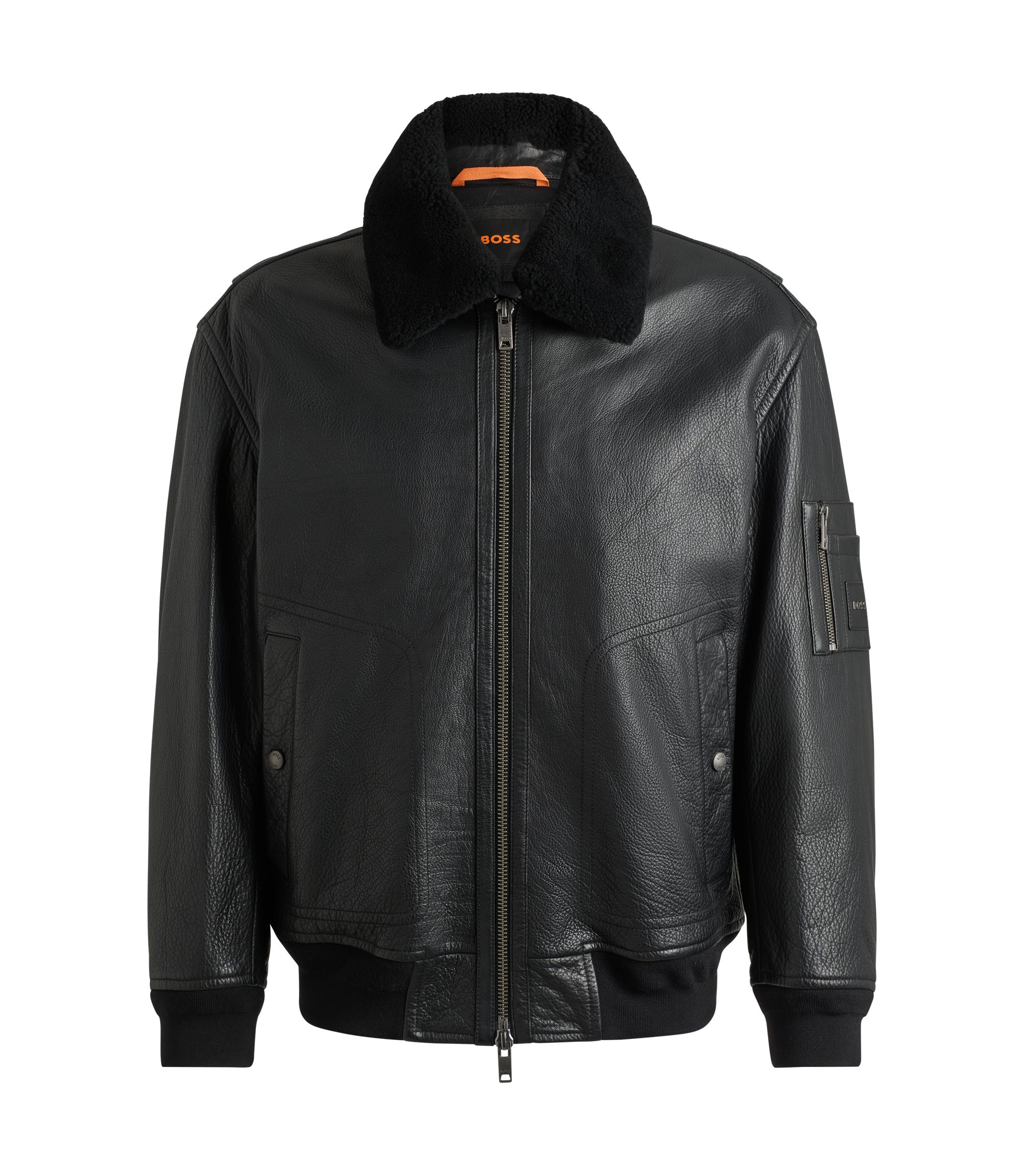 HUGO BOSS レザー ジャケット ボンバーネック 黒 白 48 MA1 BOSS - Buffalo-leather regular-fit jacket with shearling collar