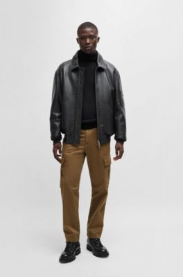 Buffalo-leather regular-fit jacket with shearling collar, Black