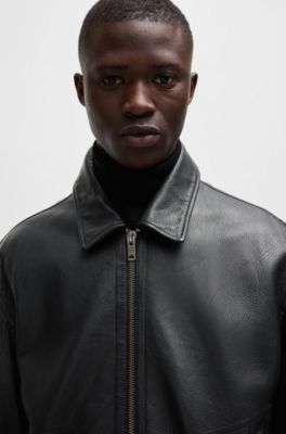 Buffalo-leather regular-fit jacket with shearling collar, Black