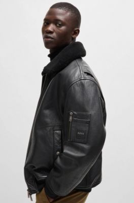 Buffalo-leather regular-fit jacket with shearling collar, Black
