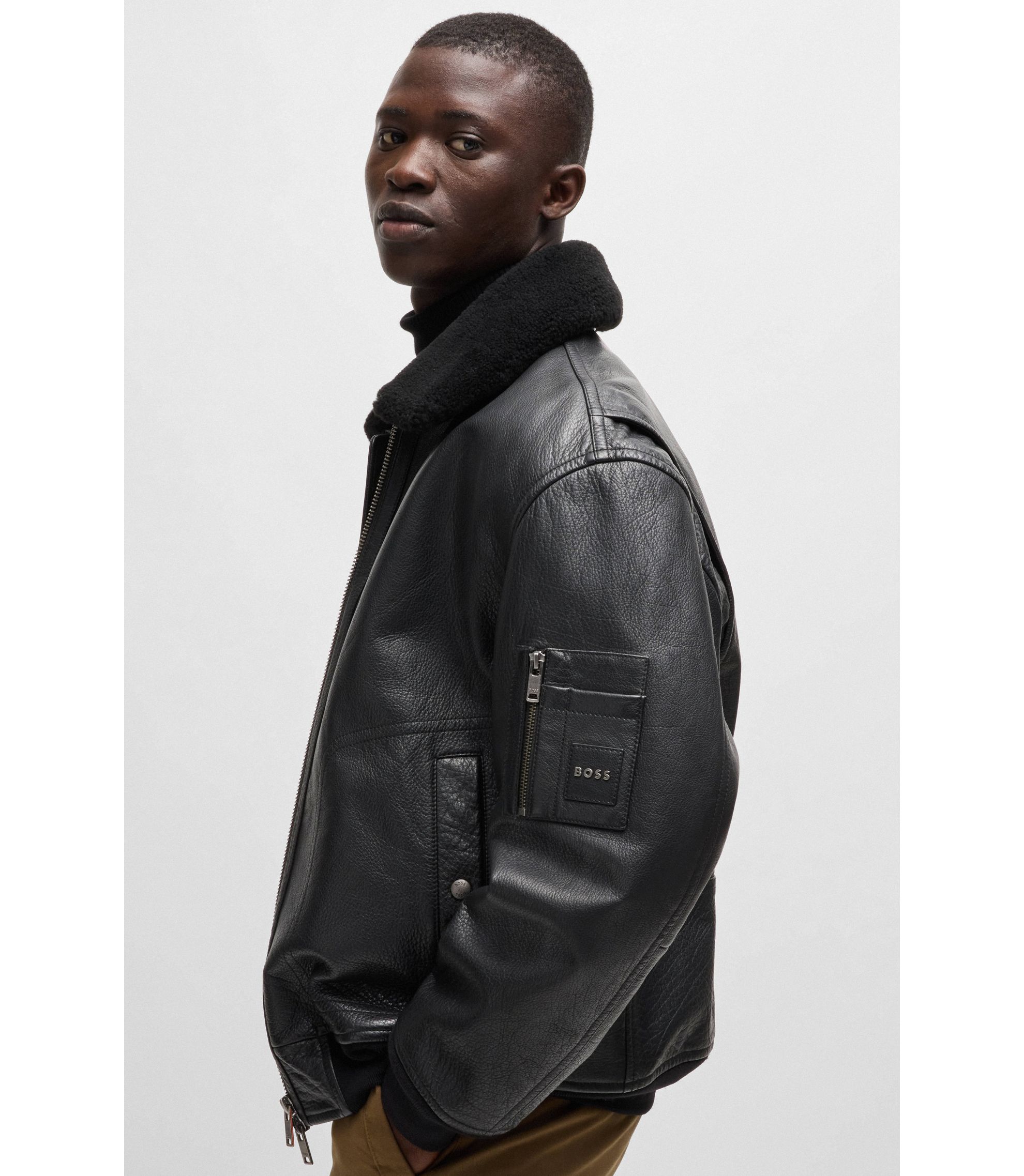 BOSS Buffalo-leather regular-fit jacket with shearling collar
