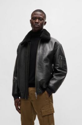 Buffalo-leather regular-fit jacket with shearling collar, Black