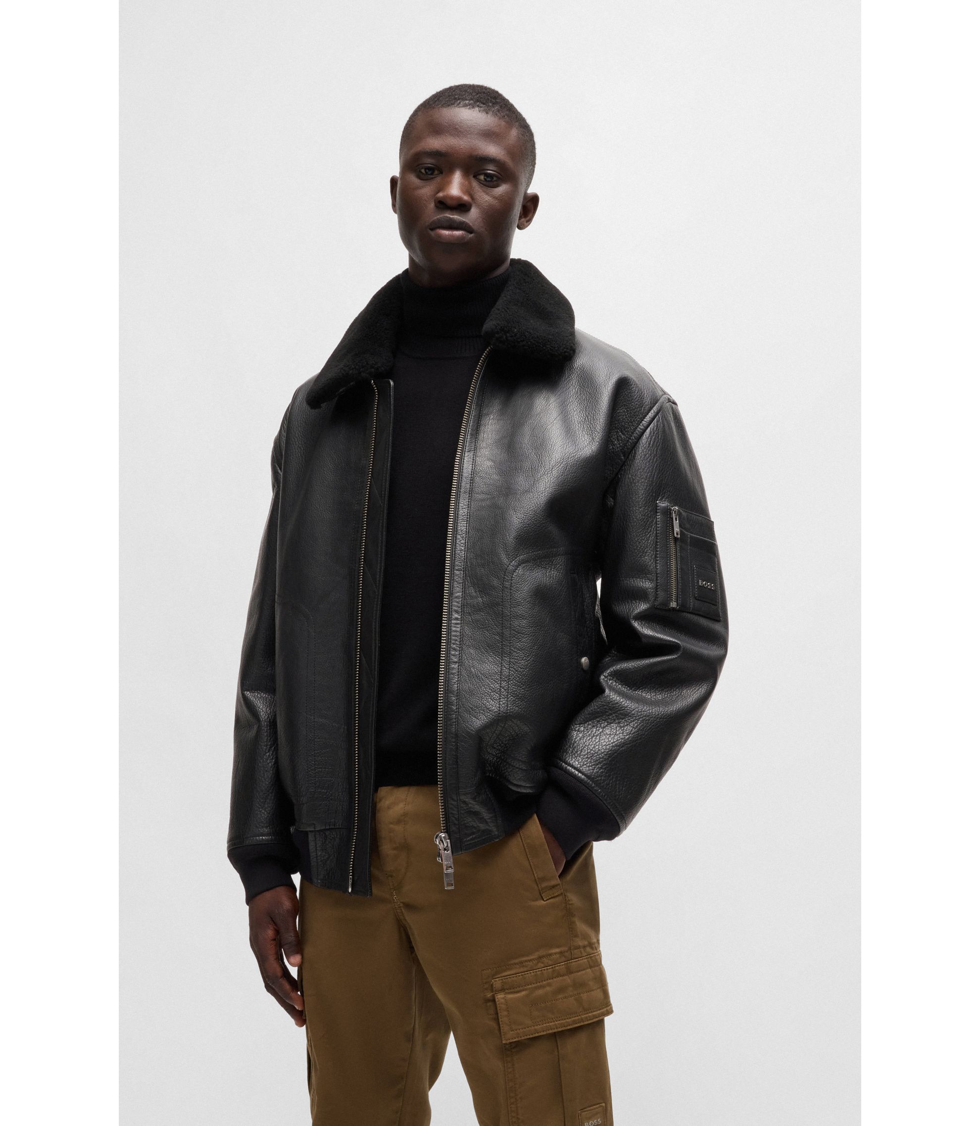 BOSS - Buffalo-leather regular-fit jacket with shearling collar