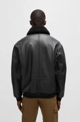 Buffalo-leather regular-fit jacket with shearling collar, Black