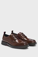 Square-toe Derby shoes in leather with piping details, Dark Brown