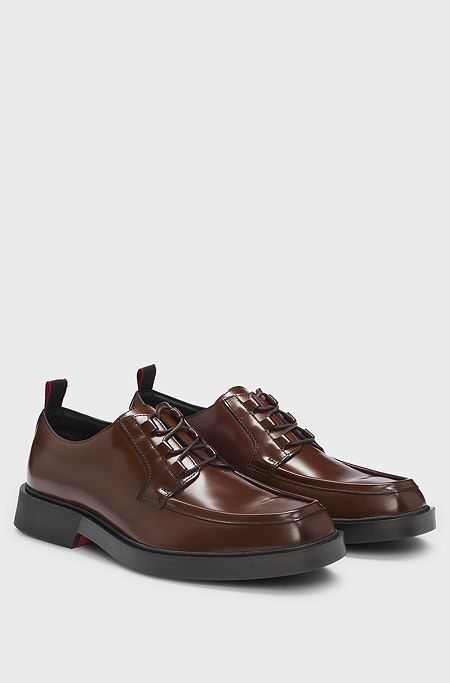 Square-toe Derby shoes in leather with piping details, Dark Brown