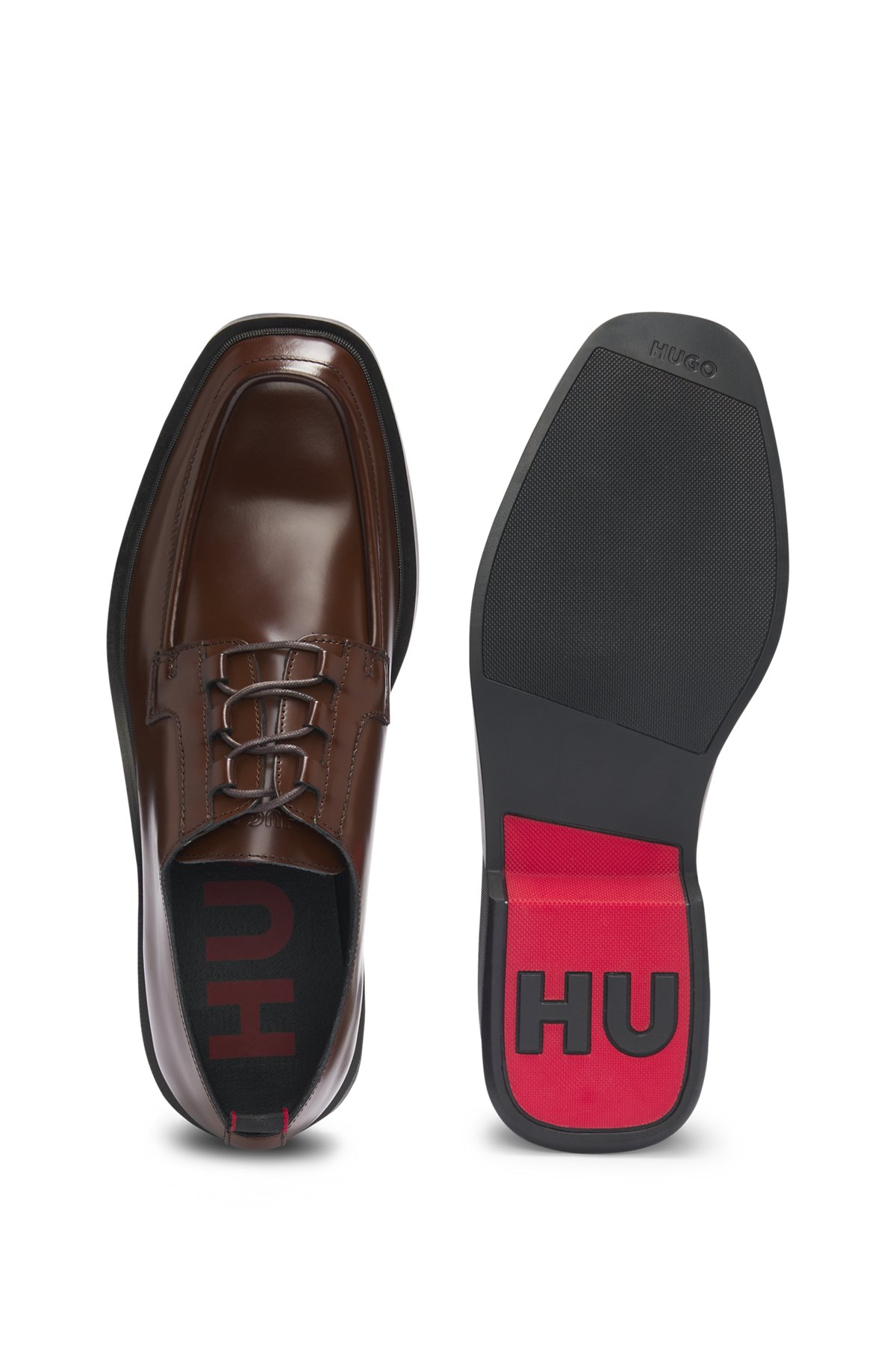 HUGO - Square-toe Derby shoes in leather with piping details
