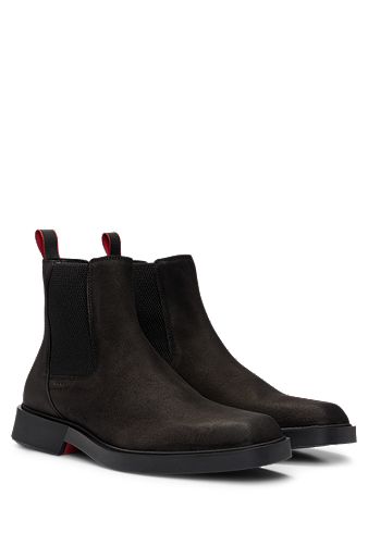 Square-toe Chelsea boots in suede with signature details, Black