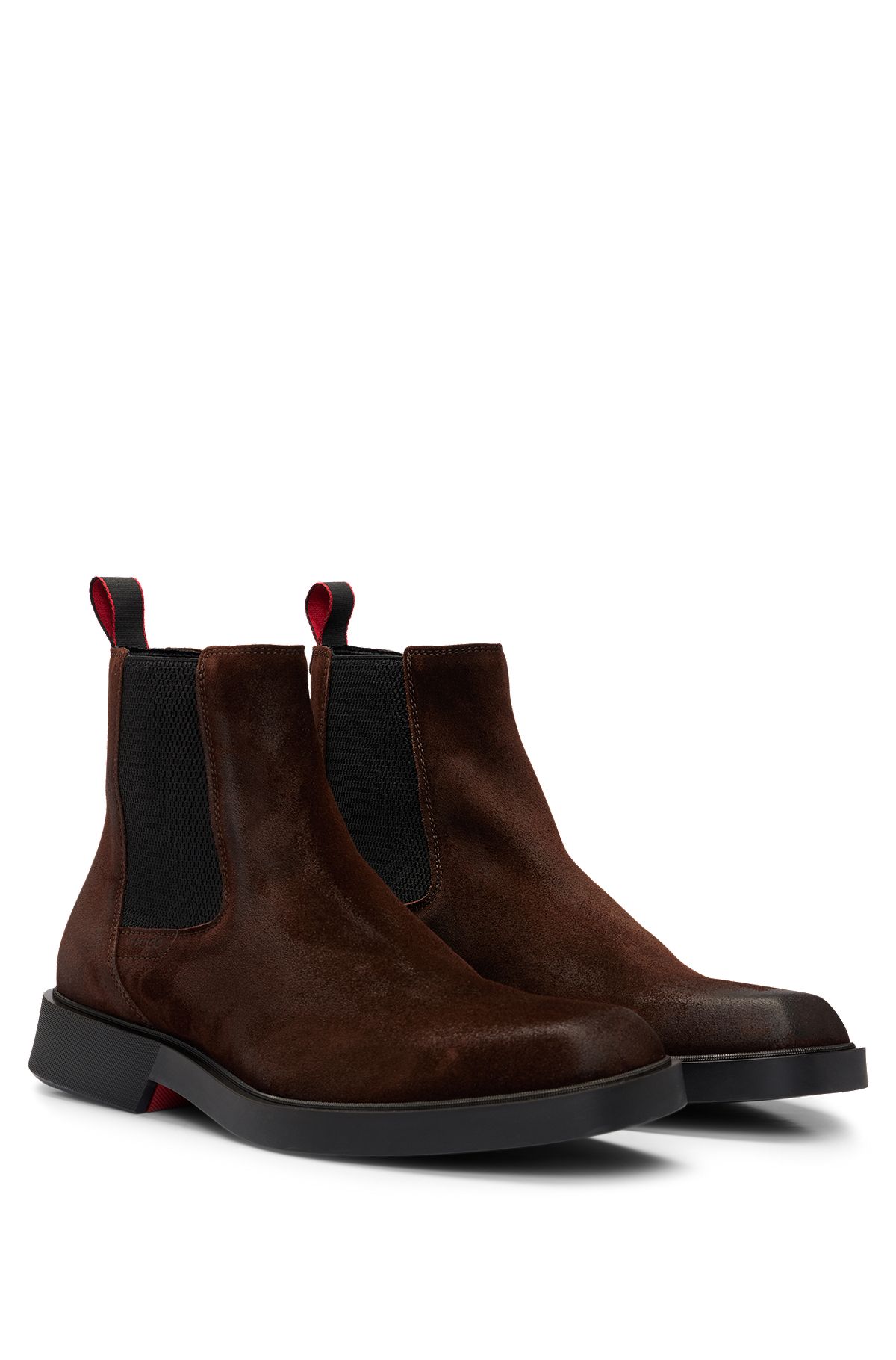 Square-toe Chelsea boots in suede with signature details, Dark Brown