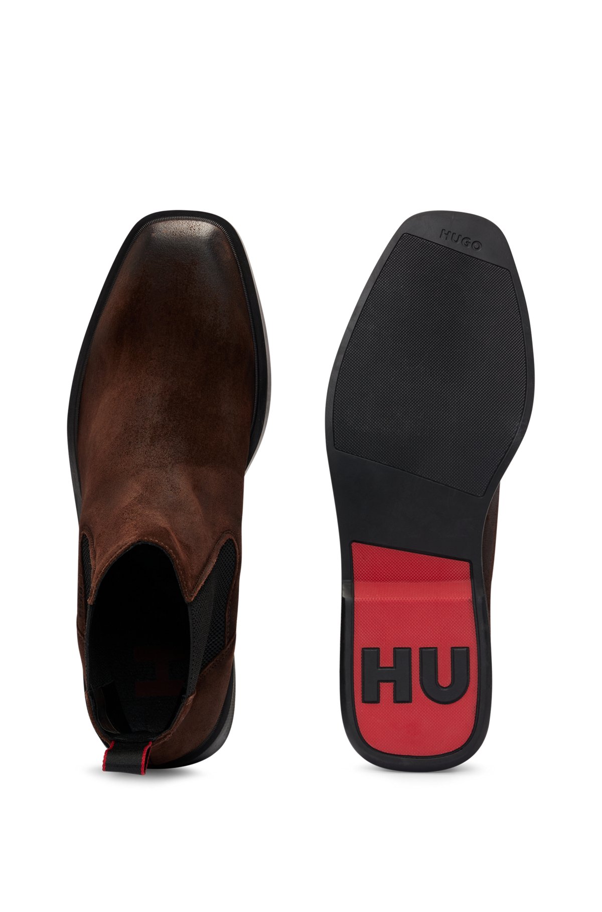 HUGO - Square-toe Chelsea boots in suede with signature details