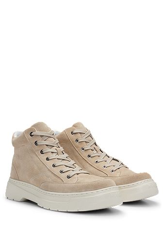 Suede high-top boots with stacked logo, Beige