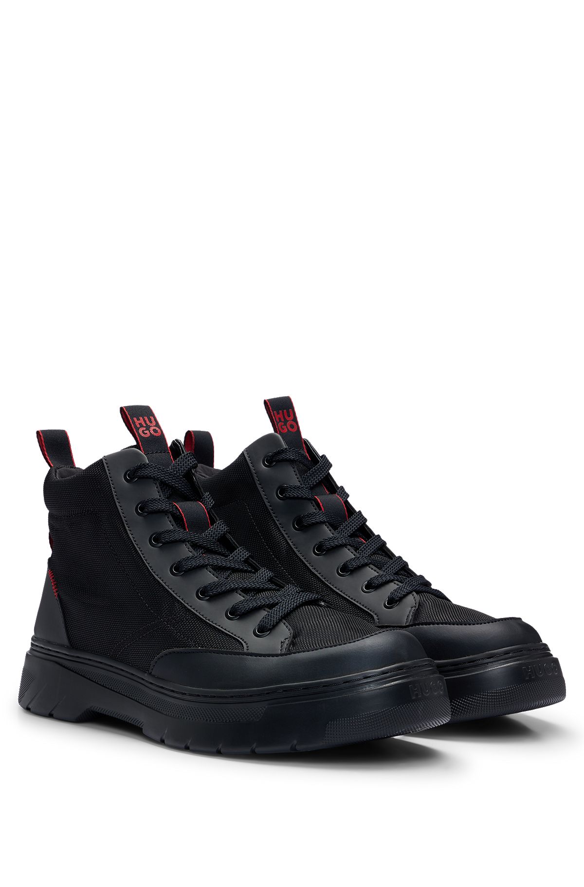 Mixed-material high-top trainers with red details, Black