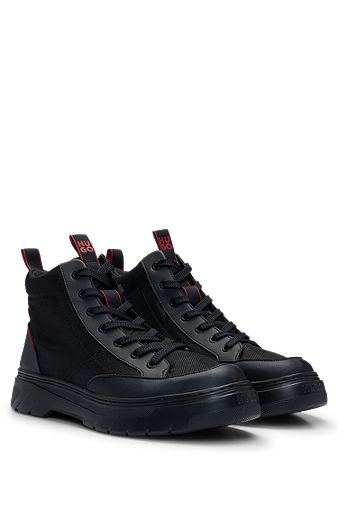 Mixed-material high-top trainers with red details, Black