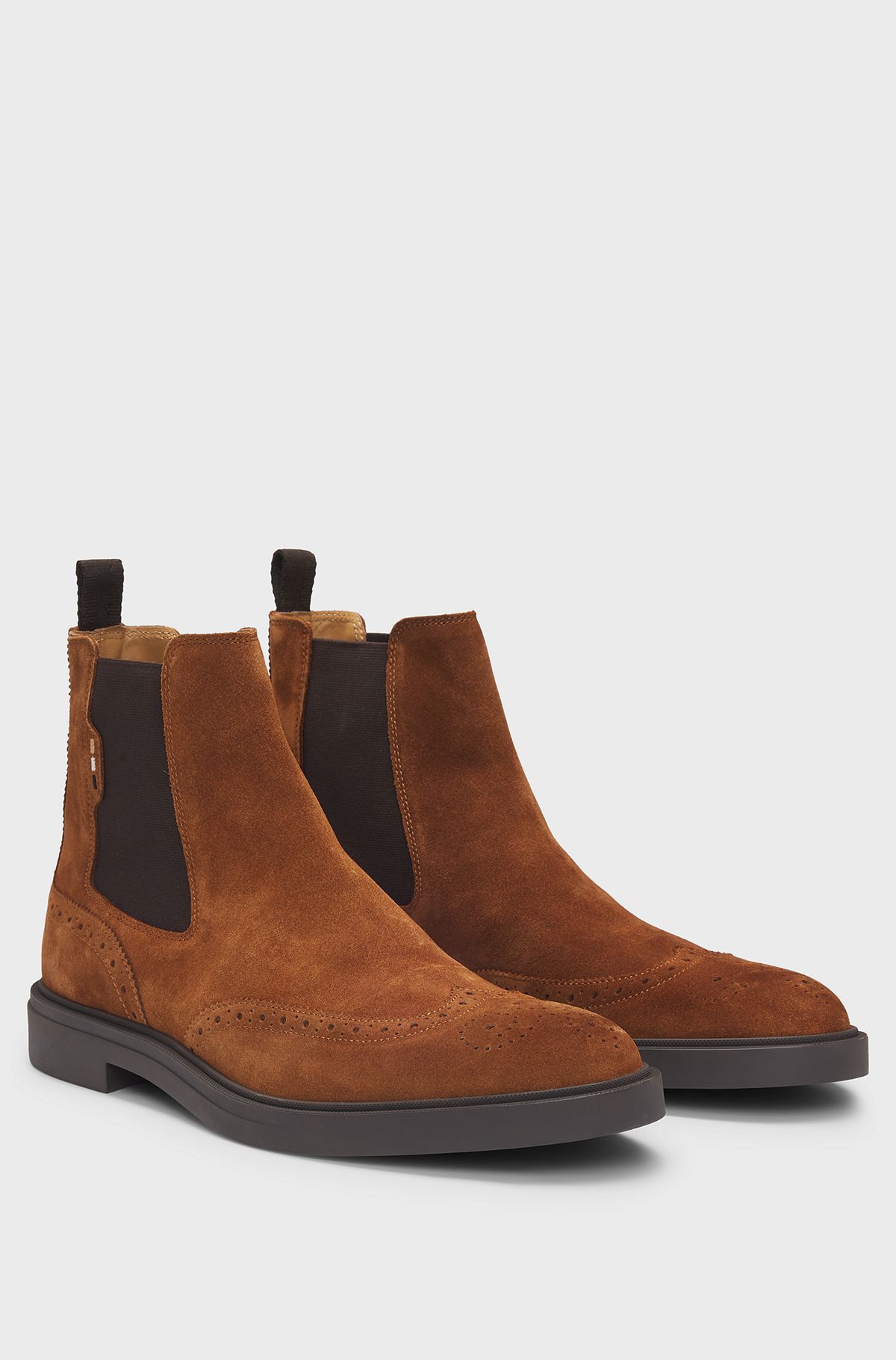 Suede Chelsea boots with brogue details, Brown