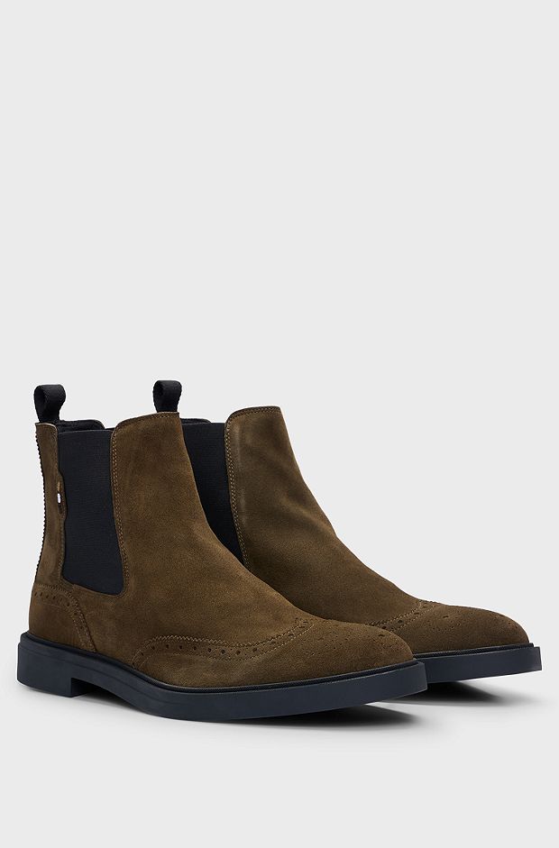 Suede Chelsea boots with brogue details, Dark Green