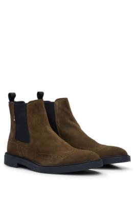 Hugo Boss Suede Chelsea Boots With Brogue Details In Green