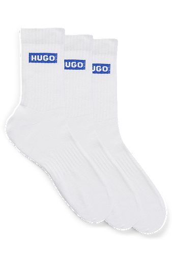 Drie paar korte sokken met blauwe logo’s, Wit