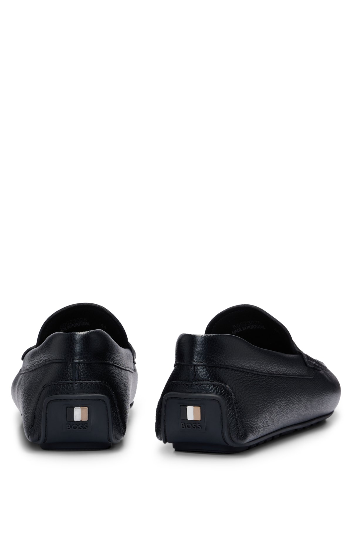 Grained-leather driver moccasins with logo strap, Black
