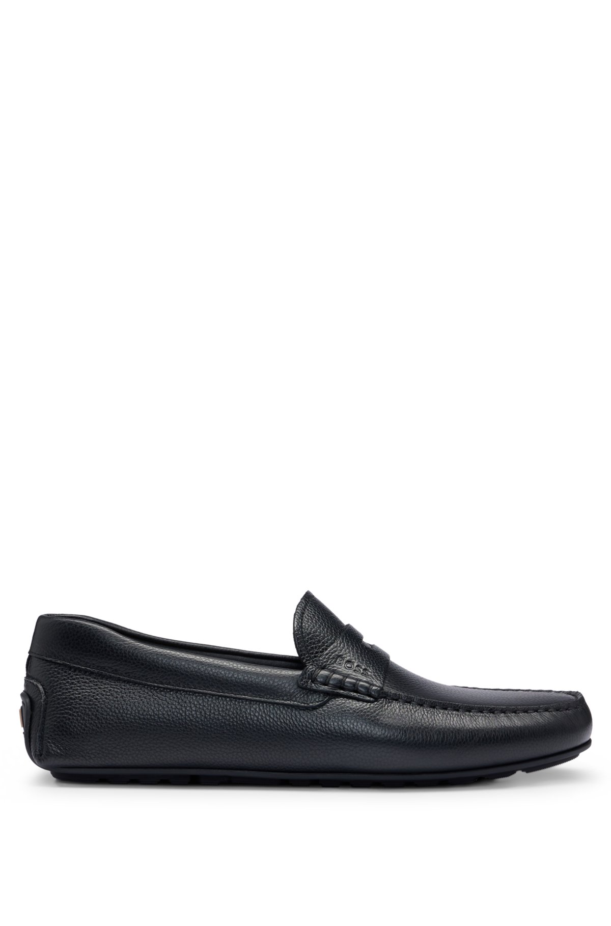 Grained-leather driver moccasins with logo strap, Black