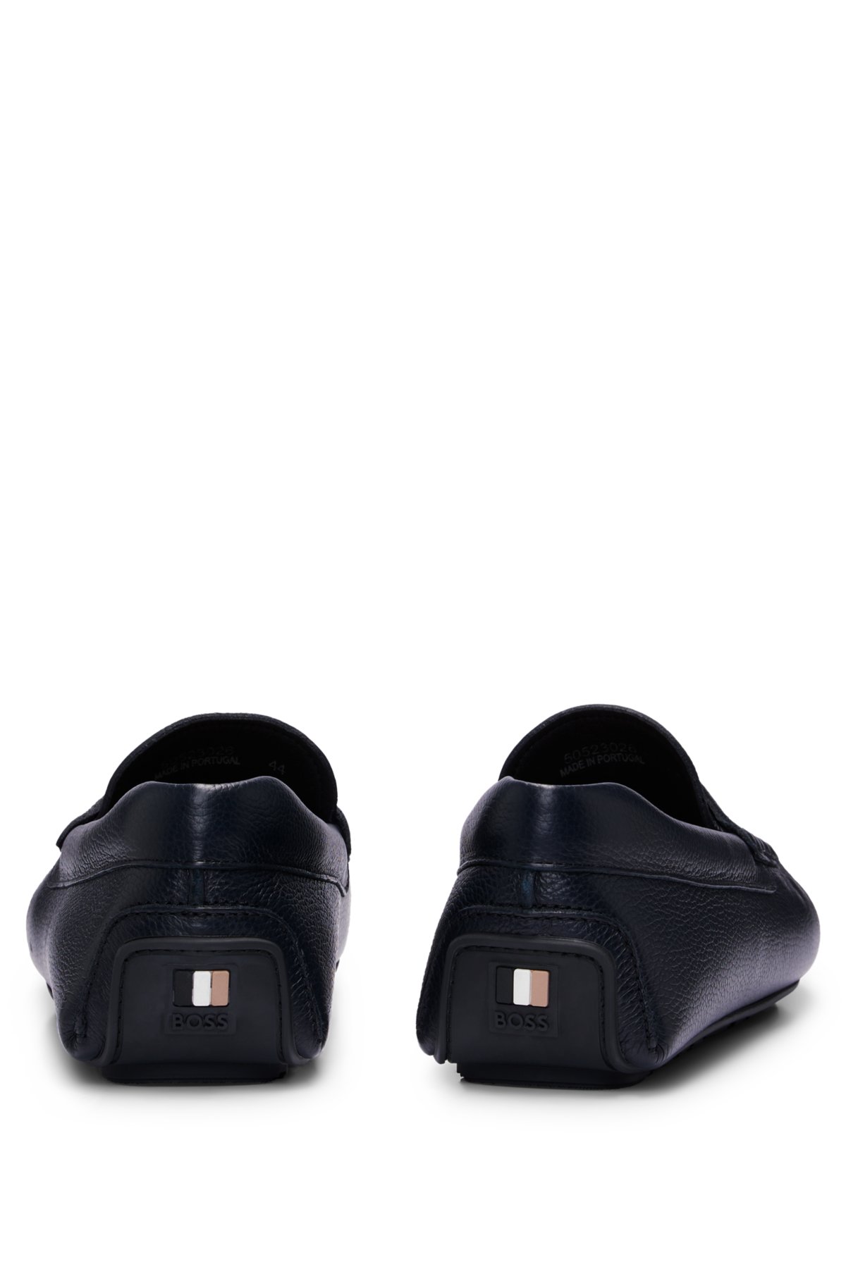Grained-leather driver moccasins with logo strap, Dark Blue