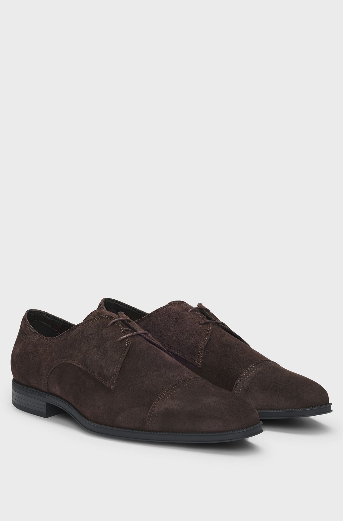 Derby shoes in suede with cap toe, Dark Brown