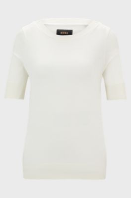 Short-sleeved top in a silk blend, Natural